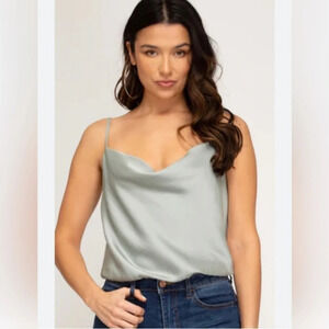 Derek Lam Blue Cowl Neck Sleeveless Spaghetti Strap Silk Blouse Cami Top Sz US10